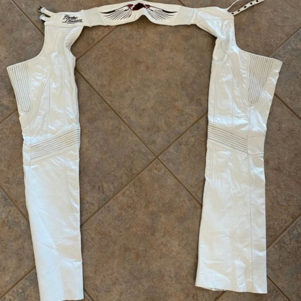 Rare Harley Davidson White Leather Chaps w Red XS